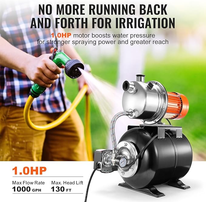 VEVOR 1 HP Shallow Well Pump with Pressure Tank, 1000 GPH, Automatic Irrigation Water Booster Pump with 130 ft Head Lift 20/40 PSI Pressure Switch, 304 Stainless Steel Pump Head for Home Garden Lawn