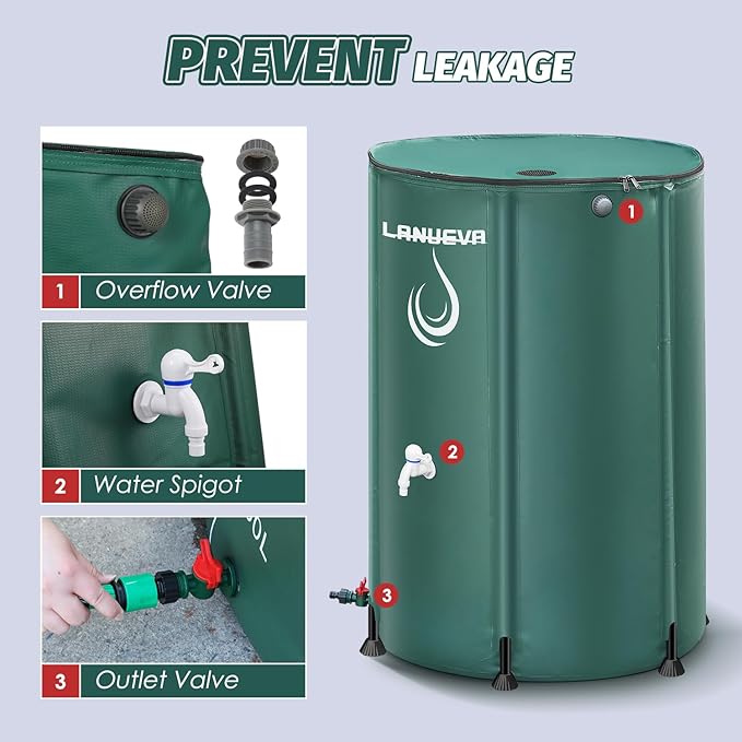 LANUEVA 66 Gallon Collapsible Rain Barrel, Rainwater Collection System with 2 Spigots, Overflow Kit and 2 Hoses, Portable Water Storage Tank with Scale Mark for Garden Plant Watering, Farm Irrigation