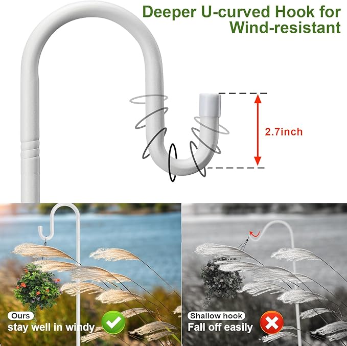 Bird Feeder Pole with Shepherds Hook - Heavy Duty Hummingbird Feeder Stand with 5 Prong,78" Adjustable Rustproof Garden Hooks Outdoor for Hanging Birdfeeder,Wind Chimes,Lanterns,Solar Lights,White