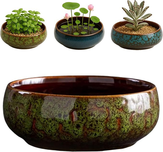 Oncpcare Lotus Bowl Planter – Glazed Ceramic Indoor Plant Bowl Lotus Pot for Lotus Seeds, Bonsai, Succulents | Shallow Hydroponic Decorative Oriental Flower Bowl (Green)