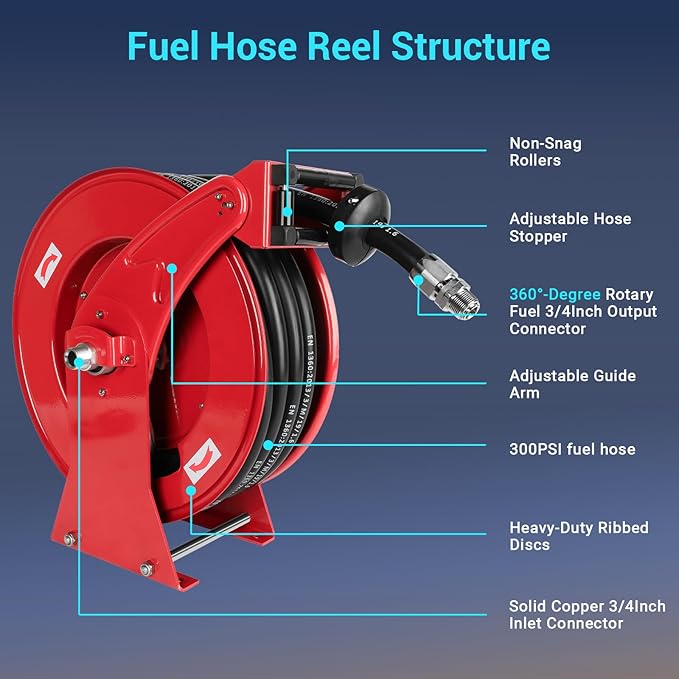 Fuel Hose Reel, 3/4" x 50FT Retractable Diesel Hose Reel, 300 PSI Industrial Heavy Duty Auto Swivel Rewind Hose Holder Reels, for Vehicle Tank Truck Trailer Ship