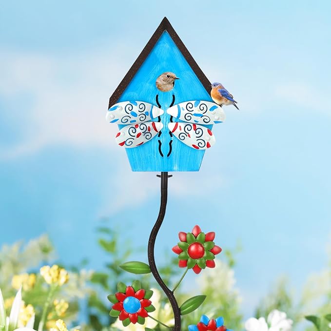 51” Bird Houses Stake for Outside, Metal Wild Bird Feeder Birdhouse Stake Pole with Dragonfly Design Outdoor Decorations for Patio, Backyard, Garden