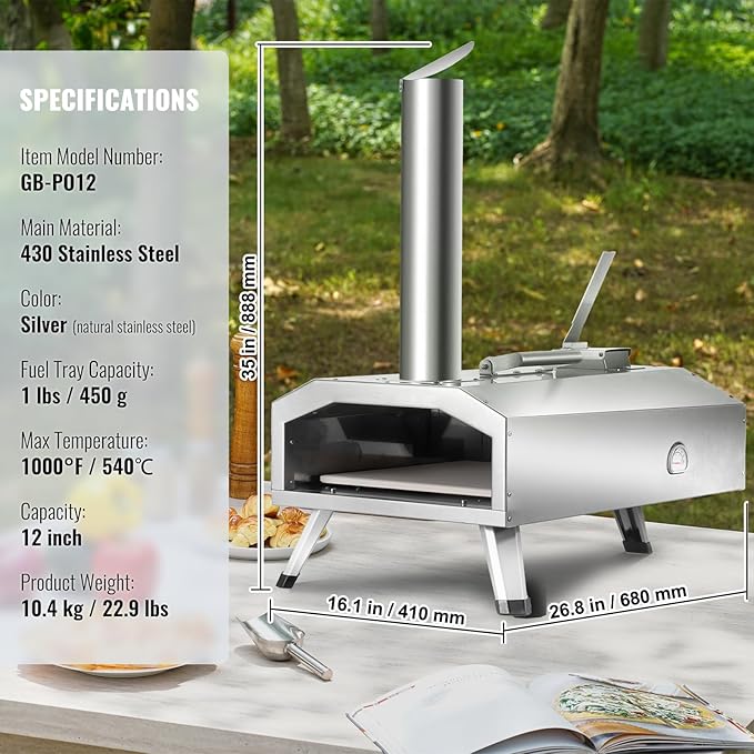 VEVOR Pizza Oven Outdoor, 12" Pellet Pizza Oven, Portable Pizza Stove with Built-in Thermometer, Wood Fired Stainless Steel Pizza Maker, for Backyard, Camping, Pizza Stone, Shovel, Carry Bag, Silver