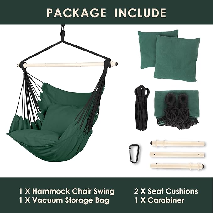 Highwild Hammock Chair Hanging Rope Swing - Max 500 Lbs - 2 Cushions Included - Steel Spreader Bar with Anti-Slip Rings - for Any Indoor or Outdoor Spaces (Green)