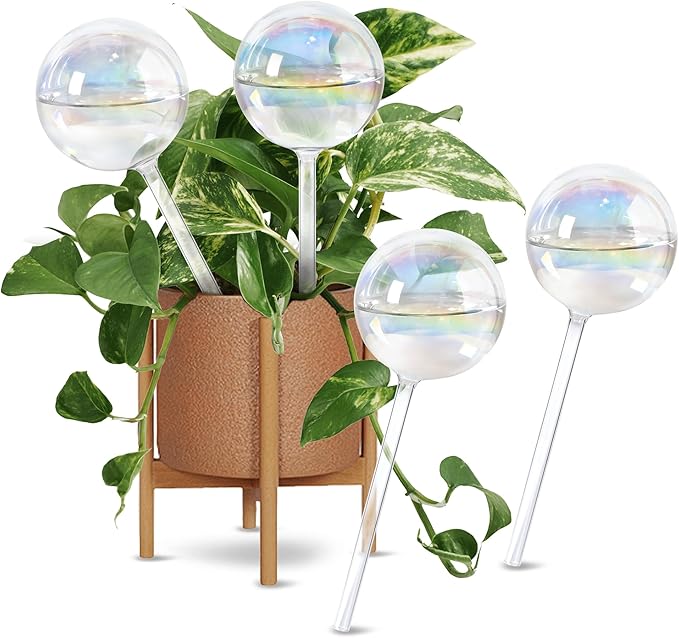 6.5oz Self Watering Globes (4 Pack),Medium Glass Plant Water Bulbs for Indoor Plants, Automatic Drip Irrigation,Light Iridescent Watering Stakes for Vacation & Daily Use (Slow-Release Hydration)