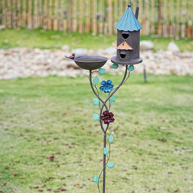 58” H Bird Baths for Outdoors, Metal Bird Bath and Bird House 2-in-1 Design, Birdbath and Bird Houses with Pole for Outside Garden Yard Decor