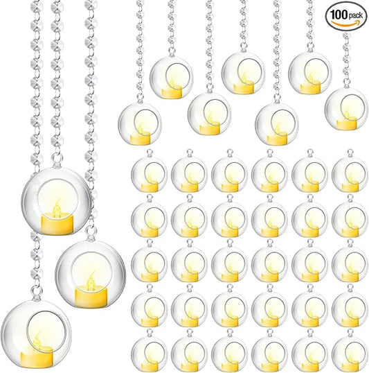 Booson 100 Pcs Hanging Candle Holder Glass Globes Orbs with Crystal Acrylic Gems Bead Garland Tea Lights Candles Holder for Wedding Party Tree Decor