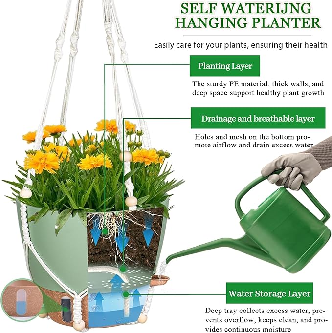 10 Inch Hanging Planters for Indoor Plants, 2 Pack Self Watering Hanging Baskets Flower Pots with Drainage Hole, Visual Reservoir & 2 Kinds of Plant Hanger for Outdoor Garden Home Decor