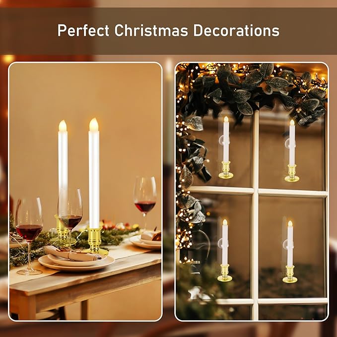2 Pack Christmas Window Candles with Remote Timer, Flickering Flameless Candles with Candle Holders Suction Cups for Christmas Party Decorations, Gold