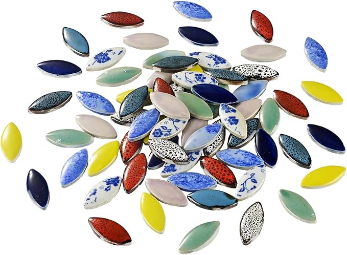 70 Pcs Petal Ceramic Mosaic Tiles, Green, Polished Edge, Cottage Style, Floral Pattern, Glue Down Installation, Suitable for Crafts and Home Decorations