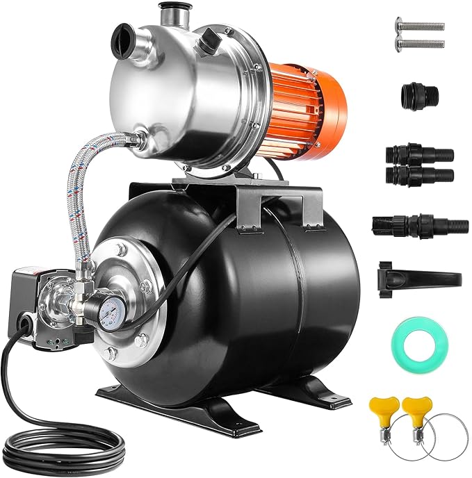 VEVOR 1 HP Shallow Well Pump with Pressure Tank, 1000 GPH, Automatic Irrigation Water Booster Pump with 130 ft Head Lift 20/40 PSI Pressure Switch, 304 Stainless Steel Pump Head for Home Garden Lawn
