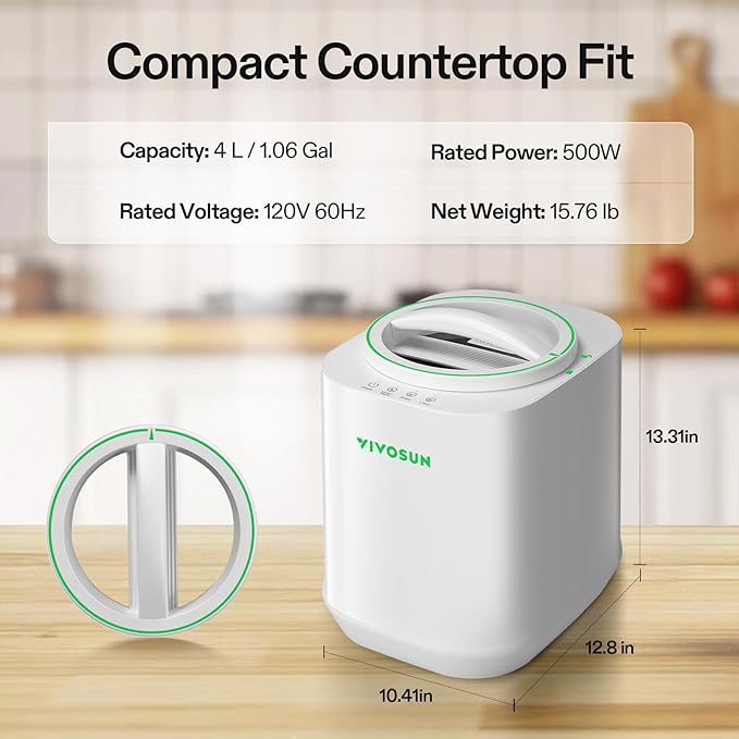 VIVOSUN 4L Electric Composter for Kitchen Indoor, Smart Compost Machine for Countertop, Odorless/Auto-Cleaning/3 Modes/Intelligent LED Display, Mill Composter Kitchen Bin Food Recycler, White
