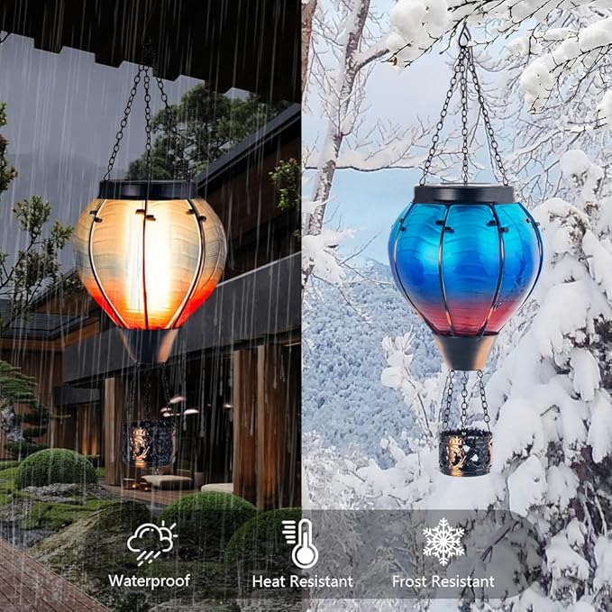 Starsoul 2 PC Blue Hot Air Balloon Solar Lantern Glass Solar Hot Air Balloon Flickering Flame Hanging Garden Light Waterproof Garden Yard Farmhouse Decor
