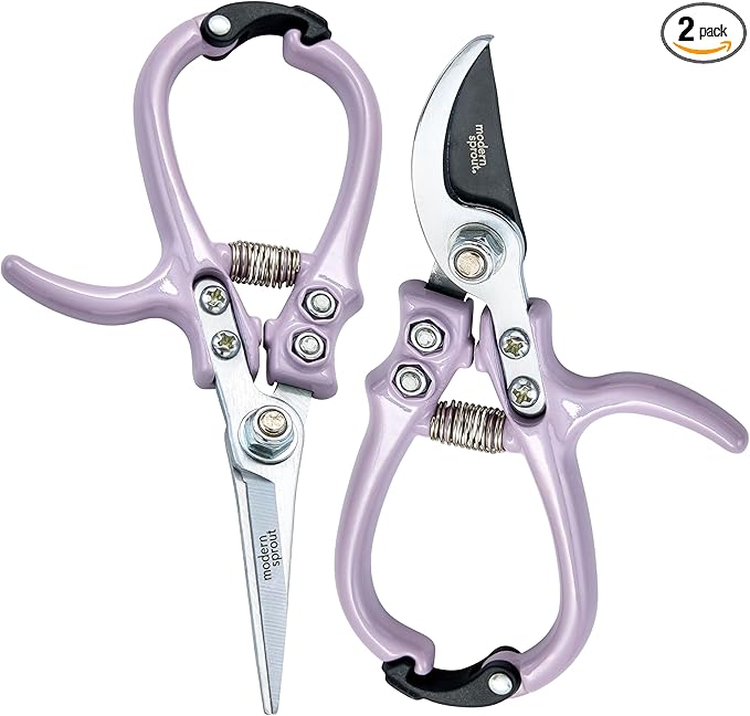 Modern Sprout Hand Pruners & Shears Set - Lightweight Gardening Tools W/Easy Lock - Sharp Carbon Steel Blades -Rust Resistant Scissors for Herbs, Flowers - Reusable Holster - Lavender