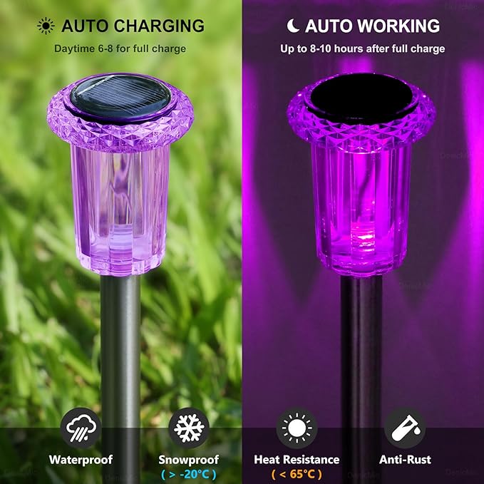 DenicMic Solar Lights Outdoor Pathway Lights LED Waterproof Acrylic Lamp Head Stainless Steel Stake for Yard Garden Landscape Path Walkway Driveway Patio Lawn (Purple 15Pack)