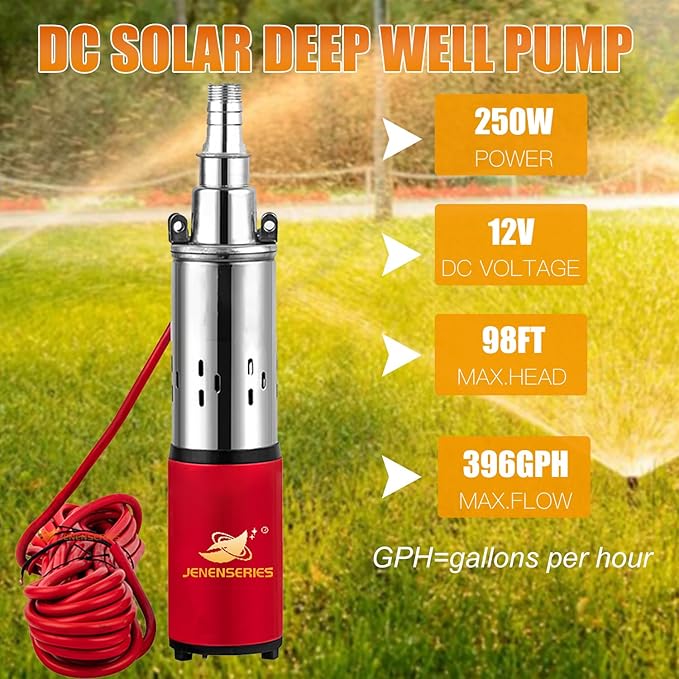 12V Deep Well Submersible Pump solar DC 250W Electric Powered Water Pump kits with 1" Outlet Screw Pump max.98ft Lift,396GPH Flow, for Irrigation Agricultural Garden Home
