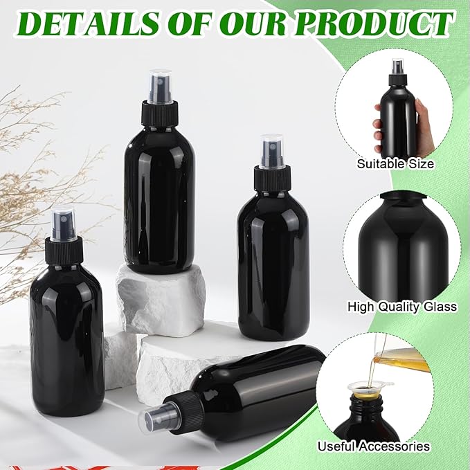 Norme 12 Pcs 8 oz Glass Spray Bottles with Funnels and Labels Refillable Cosmetic Empty Spray Bottles with Sprayer Containers for Essential Oil Cleaning Solutions(Black,Stylish)