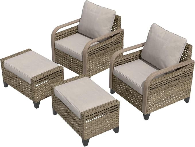 EAGLE PEAK Modern Wicker Outdoor Chair, Patio Chair Curved Armrest, Rattan Patio Furniture for Yard Deck Porch Garden, 2 Chairs 2 Ottomans, 4 Pieces, Brown/Gray