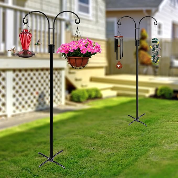 XDW-GIFTS Double Shepherds Hooks for Outdoor, 2-Pack Heavy Duty Garden Pole for Hanging Bird Feeder, Plant Baskets, Solar Light Lanterns, Garden Plant Hanger Stands with 5 Base Prongs