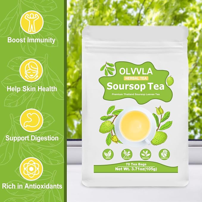 Olvvla - Premium Soursop Tea Bags - 1.5g X 70 Count - Pure Natural Soursop Leaves Tea - Caffeine-free - Non-GMO - Sourced from Thailand - Support Digestion & Help Skin Health