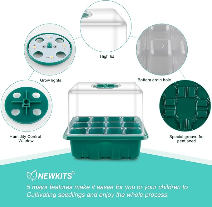 Seed Starter Tray with Grow Light, Seed Starter Kit, Plant Germination Starting Trays with Humidity Dome and Base for Greenhouse Grow Wheatgrass Hydroponic(12 Cells per Tray)(with Grow Lights)