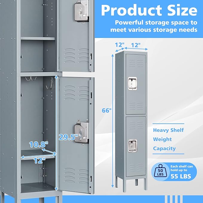 Letaya Storage Locker with Lock Door,Metal Storage Cabinet 4 Tier with Hook for Employees, School,Gym, Home,Office(2 Door-Gray)
