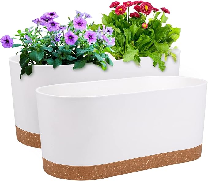 QCQHDU 16" L x 7.6" W x 7" H Window Planter Box, 2 Pack Self Watering Pots for Indoor Plants with Drainage Holes & Saucer, Outdoor Flower Pots Home Garden Modern Decor