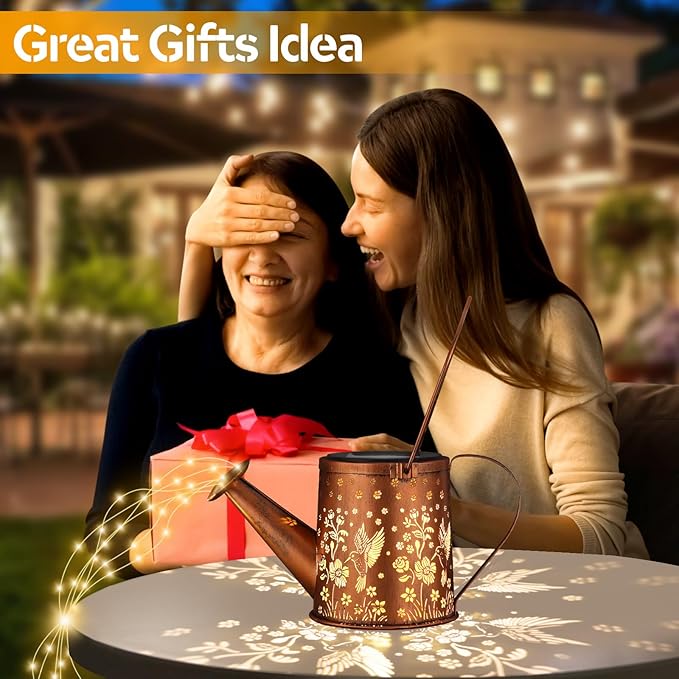 Outdoor Hanging Solar Lantern Waterproof Set Outside Metal Sprinkler Openwork Hummingbird Landscape Lights for Garden Yard Patio Pathway Decor Birthday Gifts for Women Mom Grandma -with Floor Pole