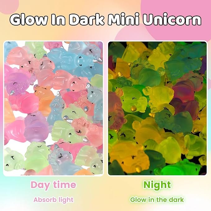 100 PCS Mini Resin Unicorn Luminous Tiny Unicorn Miniature Figurines Glow in The Dark Mini Resin Animals Suitable for DIY Cake Ornaments Crafts Moss Landscape Decoration