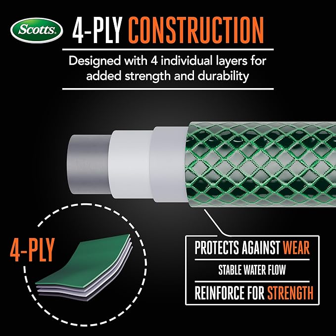 Scotts 50 ft. Garden Hose – 5/8 in. Diameter, 4-Ply Construction, 300 PSI, High-Pressure, Easy-to-Coil Water Hose with Crush-Resistant Couplings, Easy to Connect for Lawn and Garden Use