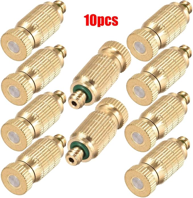 Brass Misting Nozzle, 10 Pack High Pressure Spray 10/24 UNC Outdoor Anti-drip Fogging Spray Head Misting System Tips for Landscaping Outdoor Cooling System (0.012 Orifice)