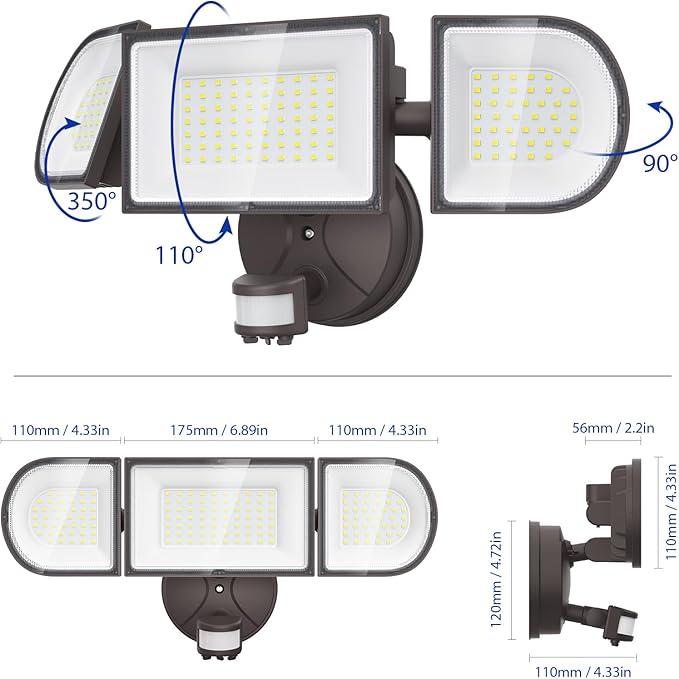 iMaihom 100W Motion Sensor LED Security Light, 9000LM Super Bright Flood Lights Outdoor, 6500K Exterior Floodlight, IP65 Waterproof, 3 Head Adjustable Motion Detector Light for Yard Garage (Brown)