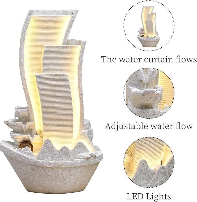 50.39 Inches Outdoor Water Fountain Garden Waterfall Indoor Modern Water Feature Freestanding Fountains with LED Lights and Pump for Patio Yard Pool Home Decor