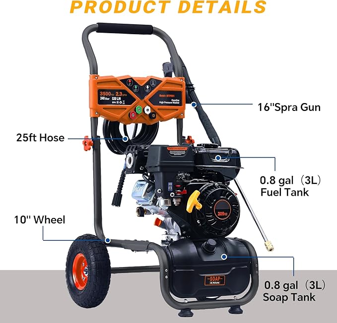 3500 PSI Gas Pressure Washer, 2.3 GPM High Power Washer with 209CC Engine, 25FT Hose, 4 Quick-Connect Nozzles, for Cleaning Walls, Vehicles, Gardens, Driveways, Concrete(Orange)