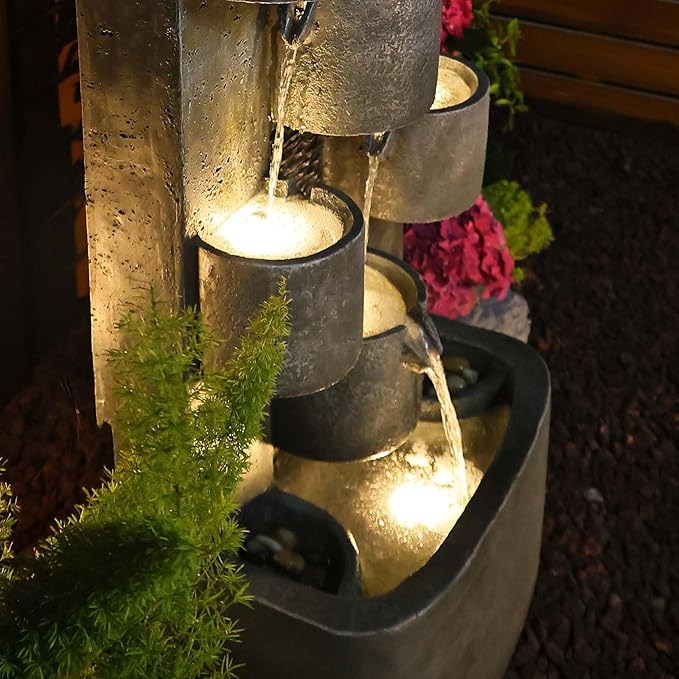 44.8" H Modern Outdoor Water Fountain with LED Lights and Pump, Mutiply-Tier Standing Cascading Waterfall - Modern Design for Garden,Patio,Yard, Multi-Level Outdoor Decor (Gray)