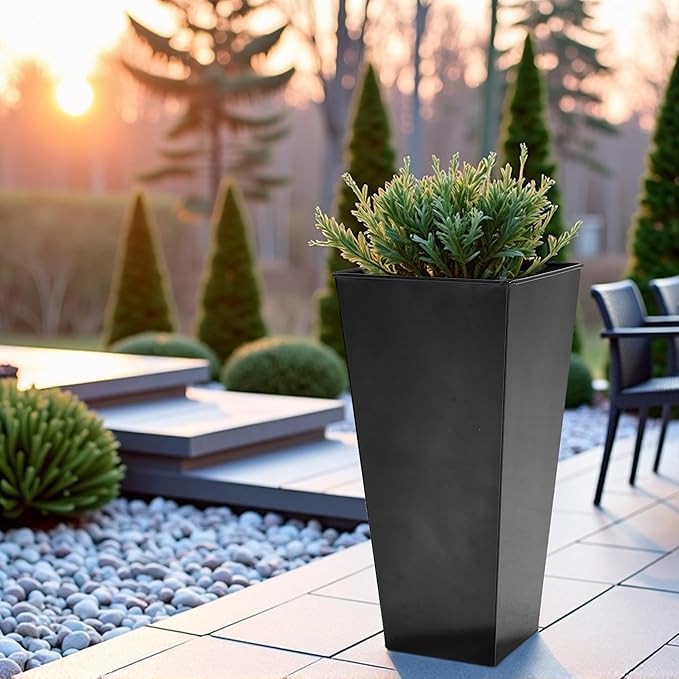 WORTH Garden 25" Large Metal Glazed Planter Set of 2, Luxurious Glossy Finish Black Tall Square Tapered Steel Plant Pots, Decor Flower Pot Indoor & Outdoor, Drainage Hole & Dual-Purpose Plant Saucer