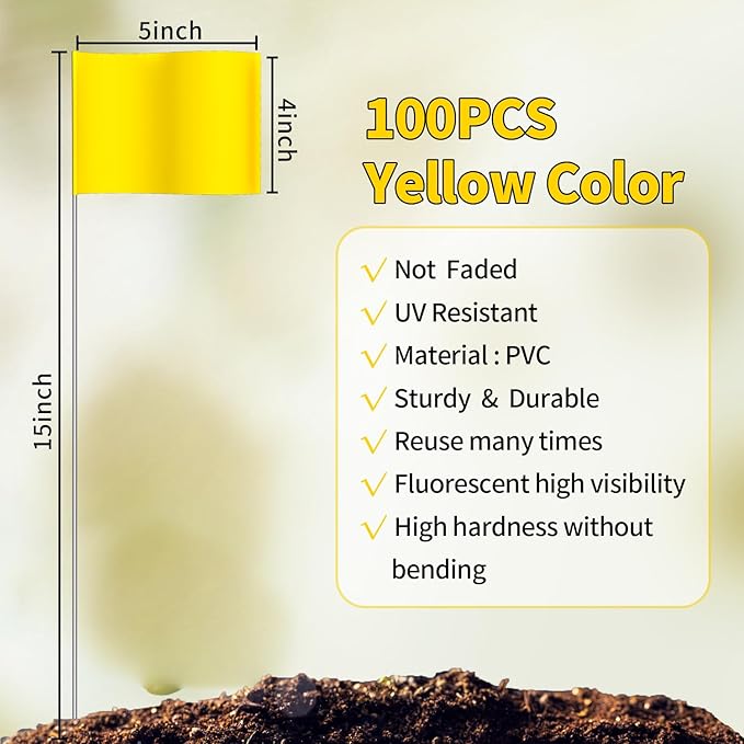 Zozen 100Pack Yellow Marking Flags, Writable/15x4x5 Inch, Yard Flags for Lawn & Irrigation & Landscape & Sprinkler & Survey & Dog Training.