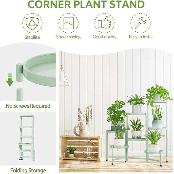 iDavosic.ly 7 Tier Large Plant Stand Indoor, 10 Inch Wide Tall Corner Metal Plant Stands Outdoor for Multiple Plants, Folding Tiered Flower Display Holder Rack Shelf, Light Green