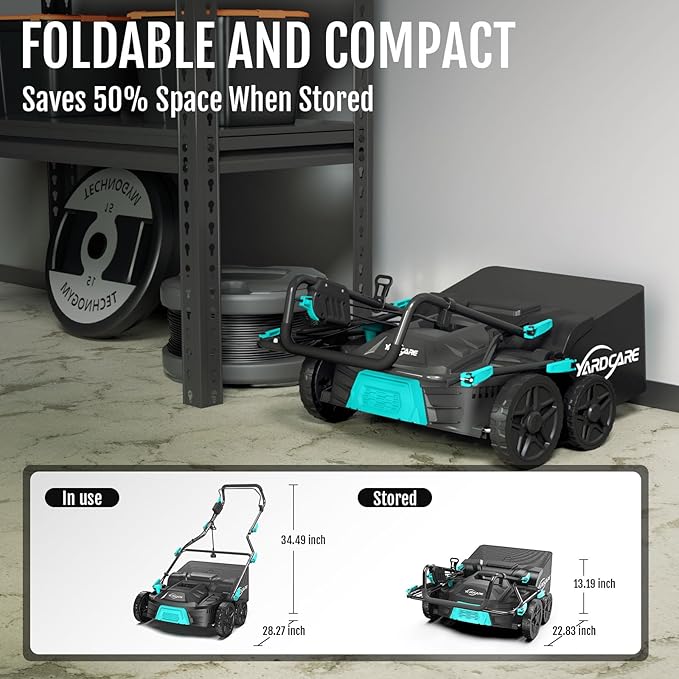16‑Inch 15Amp 2‑in‑1 Electric Dethatcher & Scarifier with 5‑Position Depth Adjustment, 12 Gallon Removable Grass Collection Bag, Foldable Design, Lawn Thatcher for Yard Lawn Garden Care