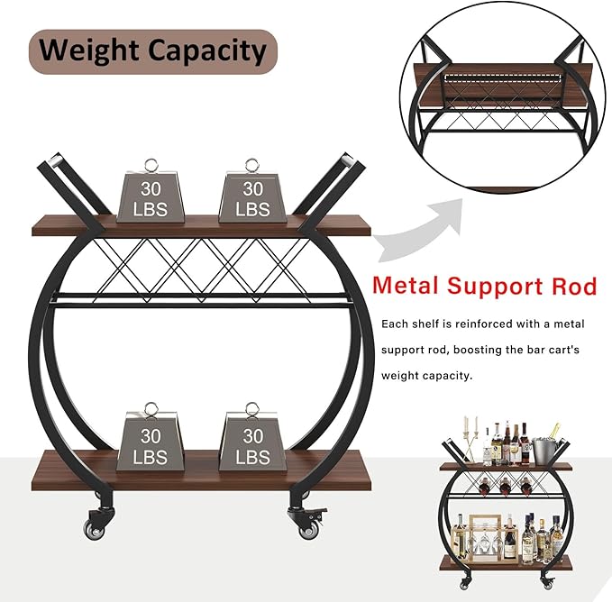 LVB Modern Gold Bar Cart, Industrial Rolling Serving Wine Cart with Wine Rack, Coffee Liquor Drink Cart with Storage and Wheels, Wood and Metal Kitchen Microwave Beverage Cart for Home, Walnut