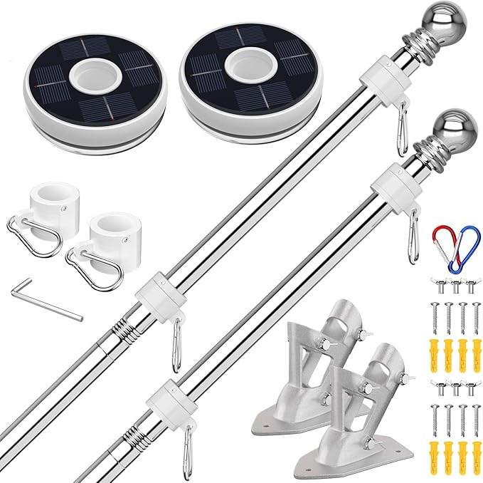 ZMTECH 2 Pcs 6 FT Flag Pole with Solar Light - Adjustable Bracket, Stainless Steel Flag Poles for Outside House, Tangle Free Flag Pole Holder Kit for American Flag (Without Flag, Silver)