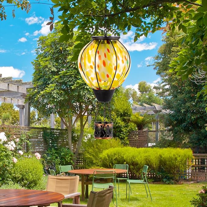 Hot Air Balloon Solar Lanterns with Flickering Flame Light,Glass Hanging Solar Lanterns Outdoor Waterproof Hot Air Balloon Light for Patio Yard Garden Decor Mother Day Gifts for Women(Yellow)