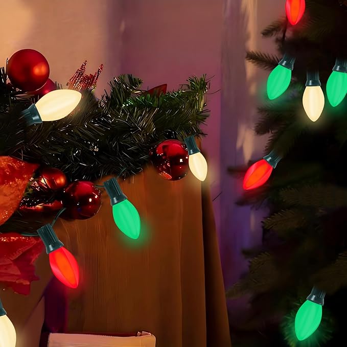 C7 LED Red White and Green Christmas Lights, 25Ft Outdoor Christmas String Lights with 27 LED Multicolor Plastic Bulbs, Vintage Christmas Lighst for Outside Patio Backyard Tree Cafe Party House Decor