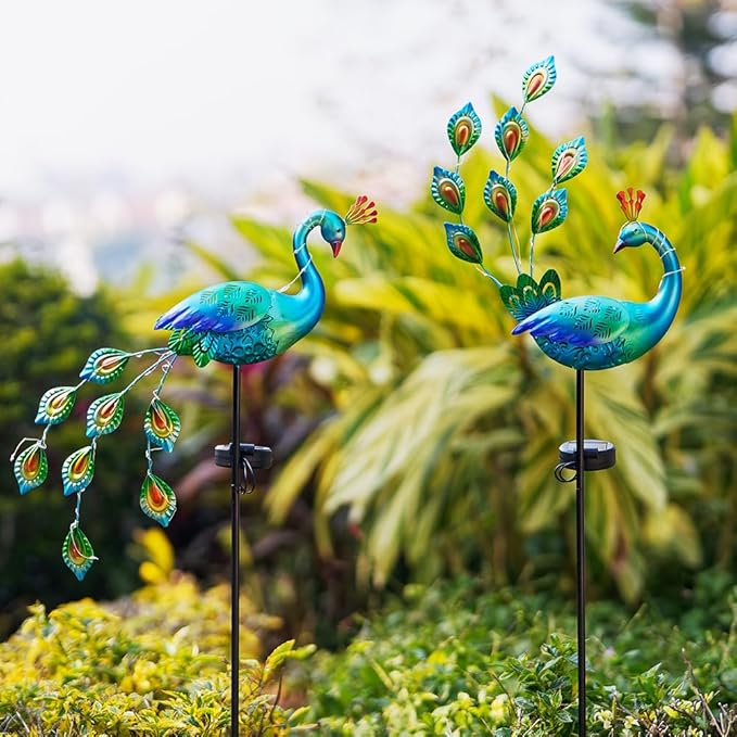 VEWOGARDEN 2 Pack Solar Stake Lights Outdoor Waterproof Metal Peacock Solar Lights for Yard Garden Patio Pathway Walkway, Blue