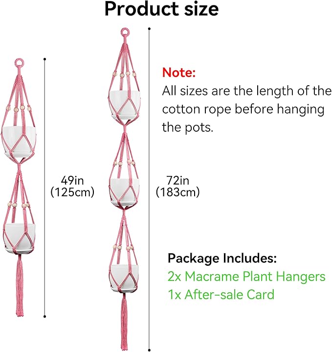 USLAI Macrame Plant Hanger Indoor Outdoor, Up to 4-15 inch Pot, Heavy 20lb Planters, Extra Long Strong Hanging Planter Basket Holder, Boho Home Decor, 49+72 Inch, Pink (POTS NOT Included)