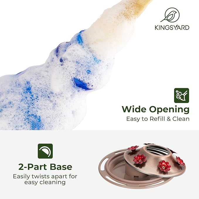 Kingsyard Glass Hummingbird Feeders for Outdoors, 24 oz Hummingbird Nectar Feeder for Outdoors Garden Yard Décor, 6 Feeding Ports, Ant Moat Included, Easy to Clean & Refill, Navy Blue