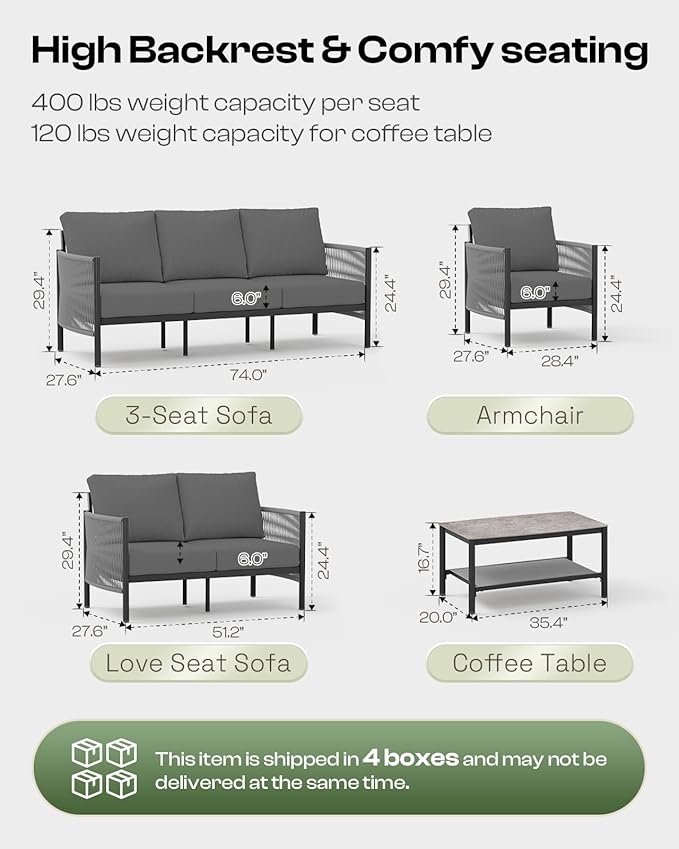 Aluminum Outdoor Sofa Armchair, HDPE Rope Patio Couch with Washable Thick Cushion, All-Weather Outdoor Patio Chairs Set of 2 for Balcony, Yard, Gray Frame, Charcoal