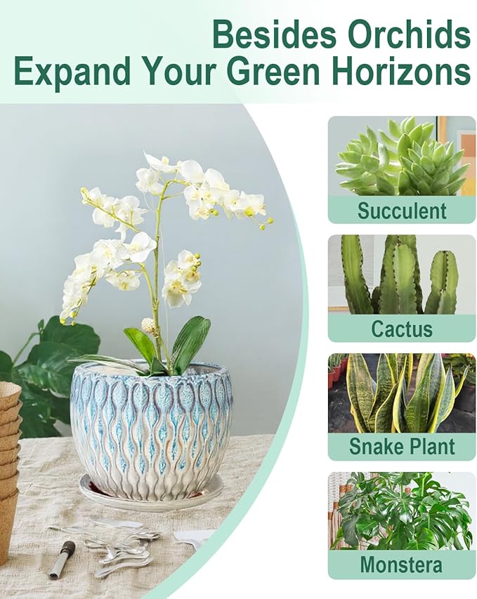 vensovo 7.5 Inch Ceramic Plant Pot with Drainage Holes and Saucer - Large Round Orchid Pot for Indoor Repotting, Ceramic Planter Maintain Air Circulation, Blue