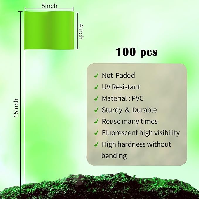 Zozen 100Pack Green Marking Flags, Writable/15x4x5 Inch, Yard Flags for Lawn & Irrigation & Landscape & Sprinkler & Survey & Dog Training.
