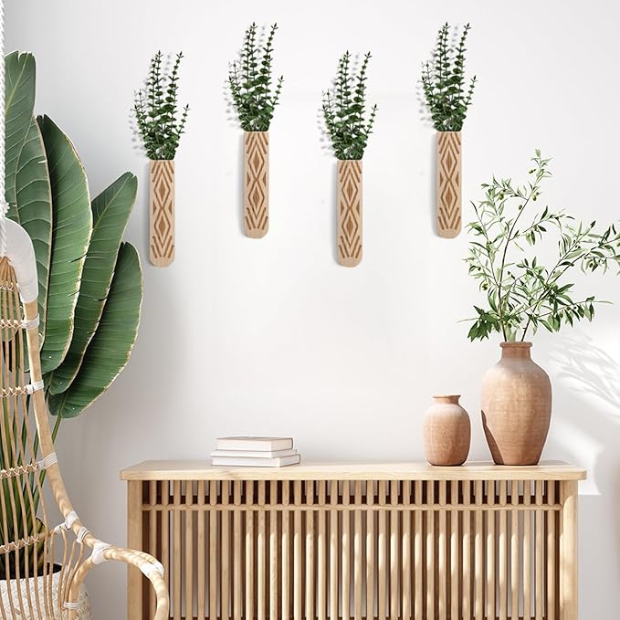 Wooden Wall Planter Set of 4 - Modern Bohemian Home Decor for Living Room, Bedroom, Bathroom - Beige Finish Planter for Dried Flowers, Faux Greenery, Indoor Plants